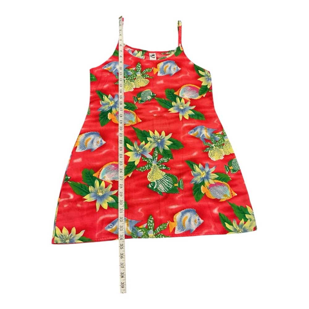 Huguette Creation Tahiti Red Tropical Floral Fish Print Cotton Sundress S-M AA44 - Picture 4 of 6